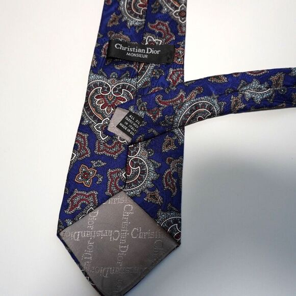 VTG Christian Dior Monsieur Royal Blue Red Paisley Silk Tie USA Made Italy Woven - Picture 2 of 4